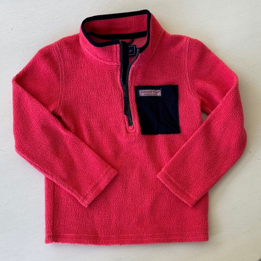 Vineyard Vines Kids Pink Fleece Pullover with Navy Accent